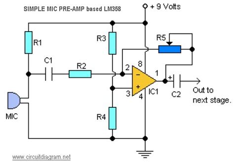 This is a symple microphone circuit diagram. Simple Mic Pre-Amp based LM358 | Electronic Schematic Diagram