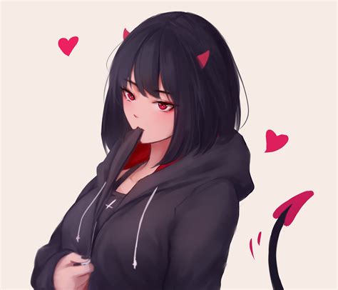Demon Anime Girl With Black Hair And Red Eyes And Wings
