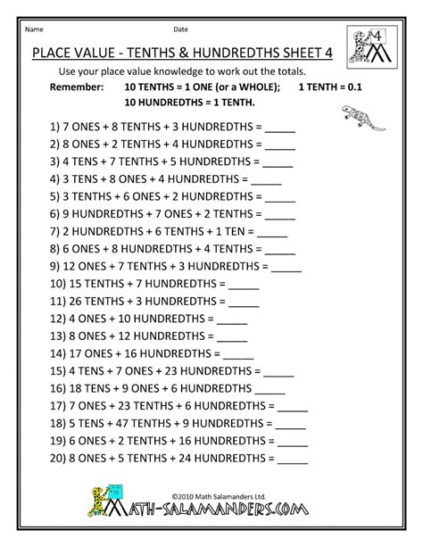 Fourth Grade 4th Grade Decimal Place Value Worksheets Kidsworksheetfun