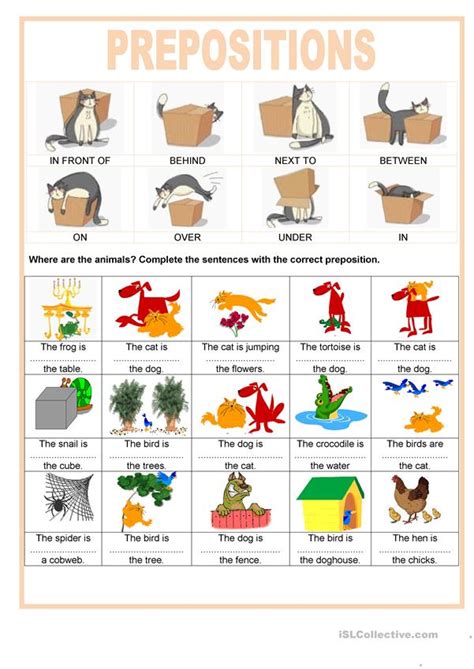 Prepositions help kids connect their ideas more clearly. Prepositions - Where are the animals worksheet - Free ESL printable worksheets made by teachers