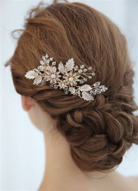 Gold Floral Crystal Hair Clip Bridal Hair Piece Crystal Etsy