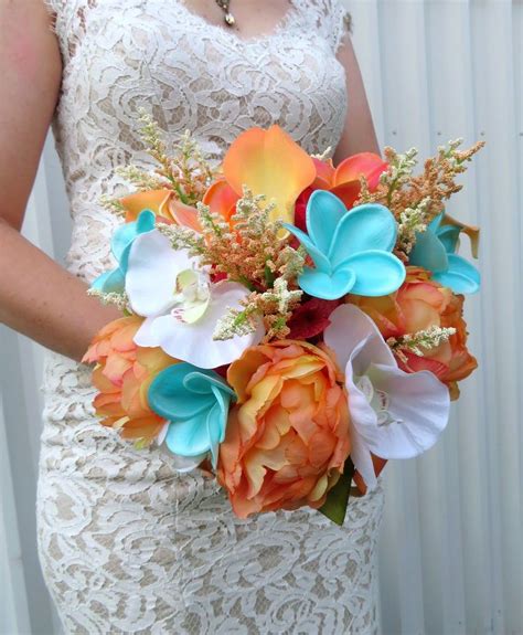 Diy brooch bouquet silk bride bridal wedding. Tropical wedding bouquet, Coral peach turquoise bouquet ...