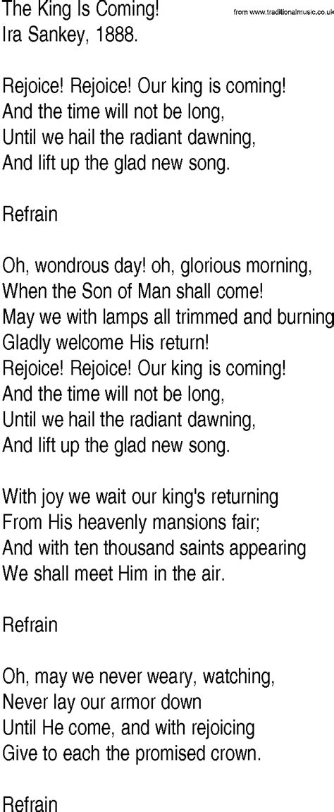 Hymn And Gospel Song Lyrics For The King Is Coming By Ira Sankey