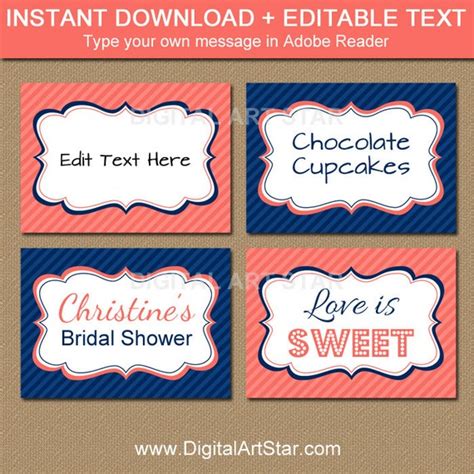 Coral Navy Blue Printable Buffet Cards Bridal Labels Editable Baby