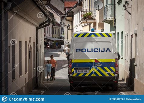 Slovenian Police Van Standing In A Pedestrian Way While Patrolling Policija Slovenia Police Of