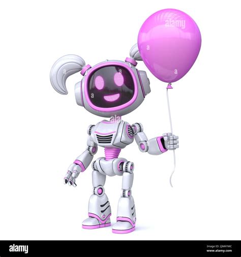 Cute Pink Girl Robot Holding Pink Balloon 3d Stock Photo Alamy