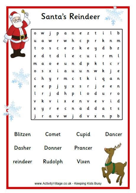 Santas Reindeer Word Search Puzzle