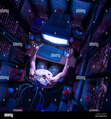 Cyberpunk Hacker Man 3d Illustration Of Science Fiction Shocked Male