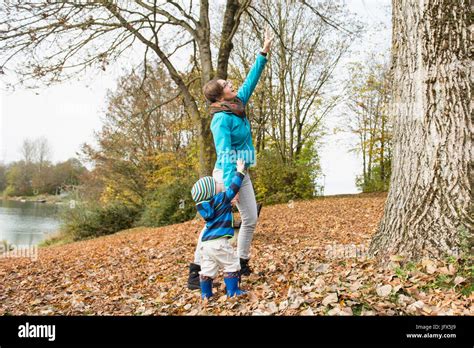 Mother And Son Trying To Reach Branches Of Big Tree In Autumn Scenery