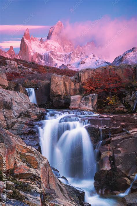 View Of Mount Fitz Roy And The Waterfall At Sunrise Los Glaciares