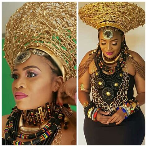 Clipkulture Ayanda Borotho In Gold Woven Zulu Isicholo Hat Wooden Choker And Beautiful Beaded