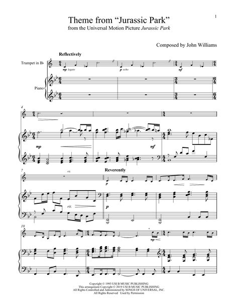 Theme From Jurassic Park Sheet Music John Williams Trumpet And Piano