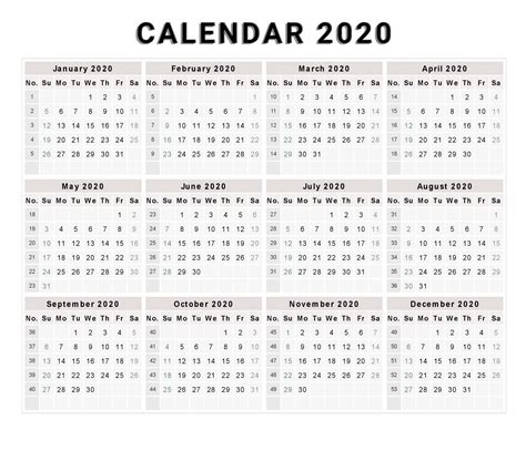 Downloadable 2020 Year At A Glance 2020 Calendar Calendar Inspiration