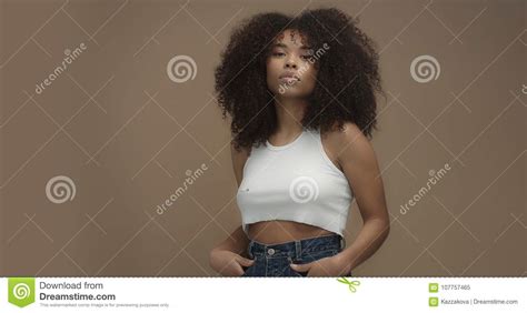 Mixed Race Black Woman Portrait With Big Afro Hair Curly Hair Stock Image Image Of Looking