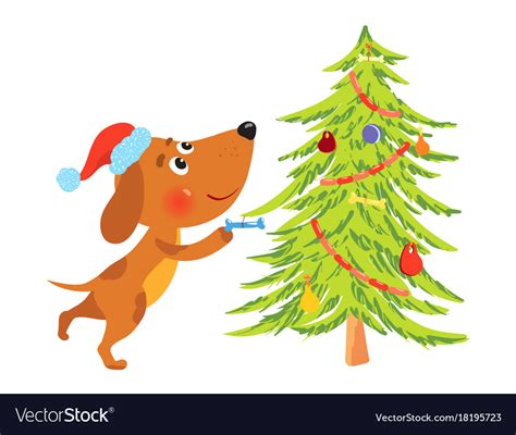 Download this vector cartoon christmas dog in a frame of garlands symbol of new year 2018 vector illustration now. Cute cartoon dog decorating christmas tree Vector Image