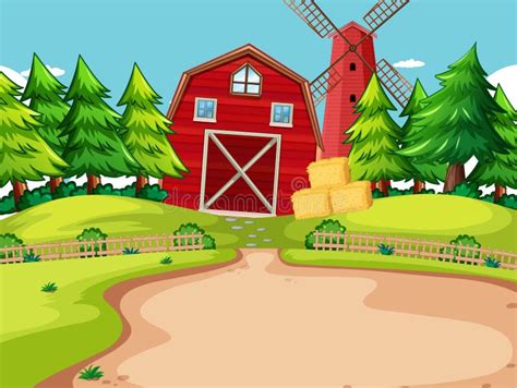 Farm Scene Red Barn Wooden Windmill Stock Illustrations 46 Farm Scene
