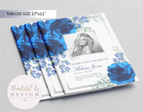 8 Page Blue Flower Funeral Program Template In Tabloid Size Etsy