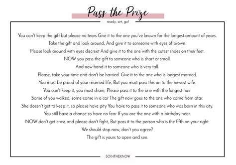 Pass The Prize Bridal Shower Game Free Printable
