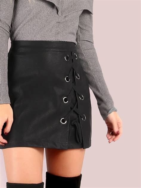 faux leather eyelet lace up mini skirt shein sheinside