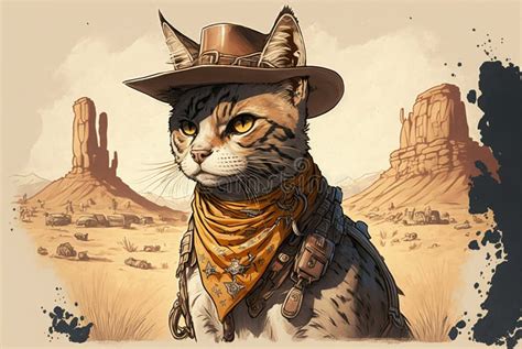 Cute And Sassy Cartoon Cat Dressed As A Cowboy In The Old West Stock