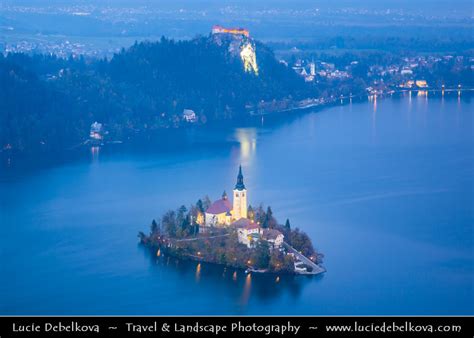 Slovenia Lake Bled Blejsko Jezero At Dusk Twilight Blue Hour