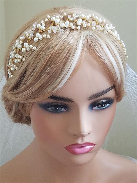 pearl crystal bridal hair vine wedding pearl hairpiece pearl gold headpiece pearl hair