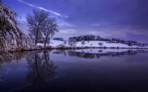 Winter Snow Trees Hills River Sky Reflection Dusk Wallpaper