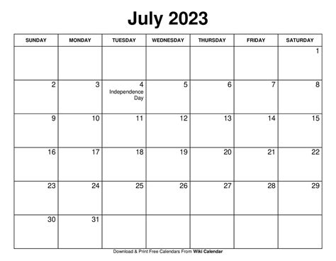 Free Printable July 2023 Calendar With Holidays Printable Template