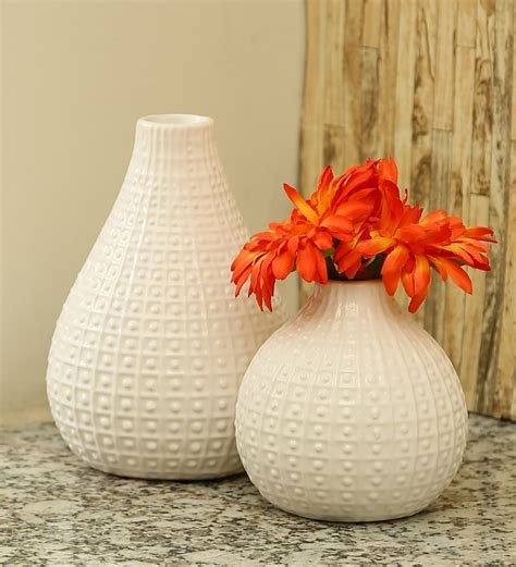 Buy White Ceramic Round Glazed Decorative Vase Set Of 2 By Aapno Rajasthan Online Ceramic