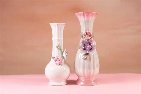 2 Vintage Ceramic Vases With Hand Sculpted Pink And Purple Flowers