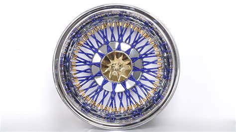 13x7 La Wire Wheels Reverse 72 Spoke Cross Lace Blue Spoke With Gold Nipple And Chrome Lip Rims