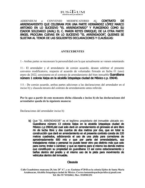 Addendum O Convenio Modificatorio AL Contrato DE Arrendamiento Procuna ADDENDUM O CONVENIO