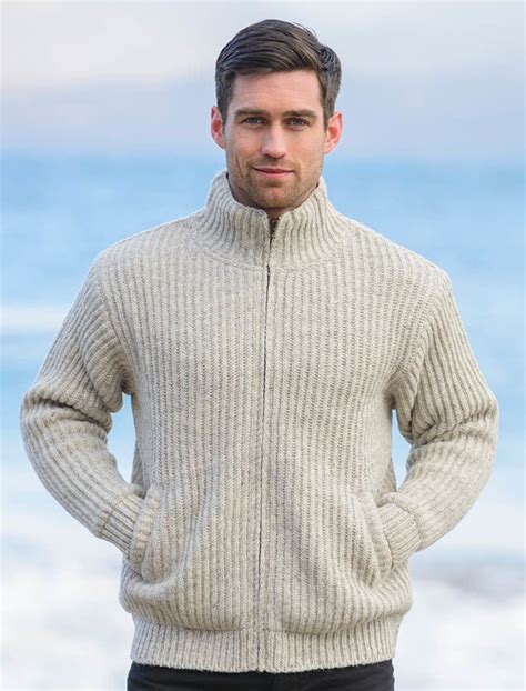 Premium Handknit Fleece Lined Ribbed Jacket Oatmeal Wool Sweater