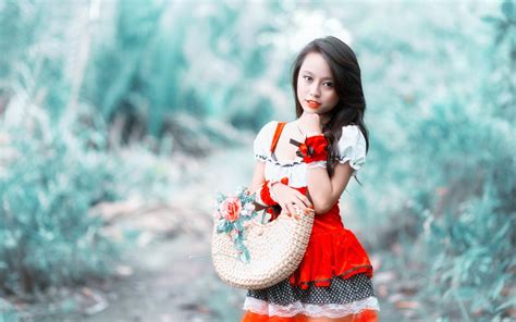 Wallpaper Forest Women Model Eyes Red Asian Winter Dress Lips Fashion Spring