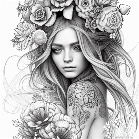 Pencil Sketch Of A Bohemian Blonde Girl With Flowers And Tattoos