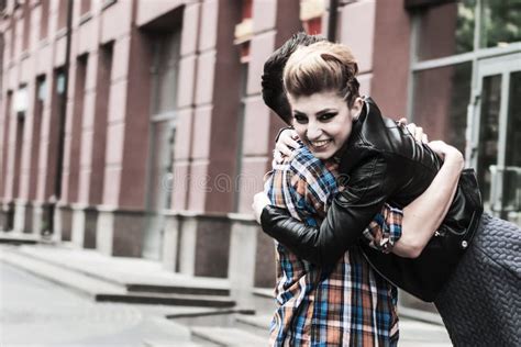 Happy Lovers Hugging When Meeting On The Street Stock Photo Image Of