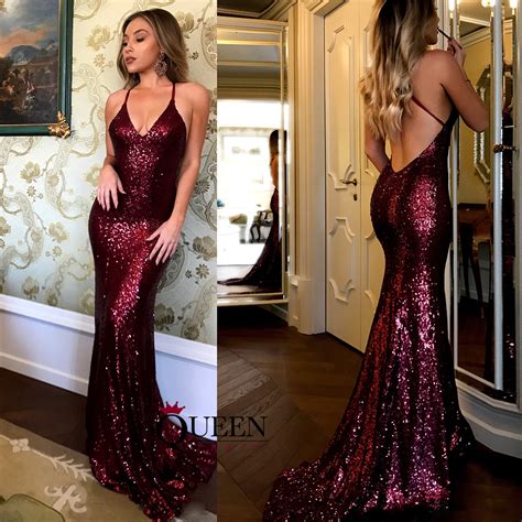 Sexy Red Wine Sequins Spaghetti Strap V Neck Mermaid Long Prom Dresses With Sweep Train