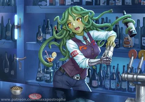 gorgon bartender monster girls fantasy character design anime character design character