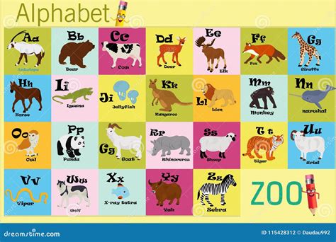 Alfabeto Inglés Con Los Animales En Un Fondo Amarillo Ilustración Del