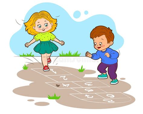 Girl And Boy Are Jumping While Playing Hopscotch Vector Illustration