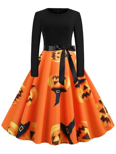 Pumpkin Orange Retro Pumpkin Printed Halloween Dress Flare Dress A