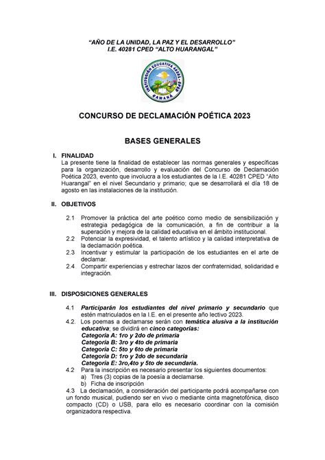 Bases Declamacion 2023 I 40281 CPED ALTO HUARANGAL CONCURSO DE