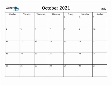 October 2021 Italy Monthly Calendar With Holidays