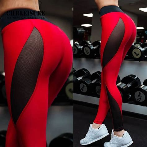 Chrleisure Sexy Mesh Patchwork Womens Leggings Polyester Red Black Ankle Length Jeggings Push