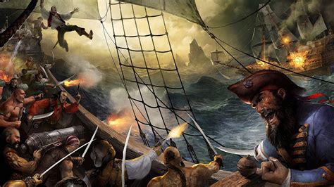 Pirates Ship War Artwork Fantasy Art Battle Sea Fire Men