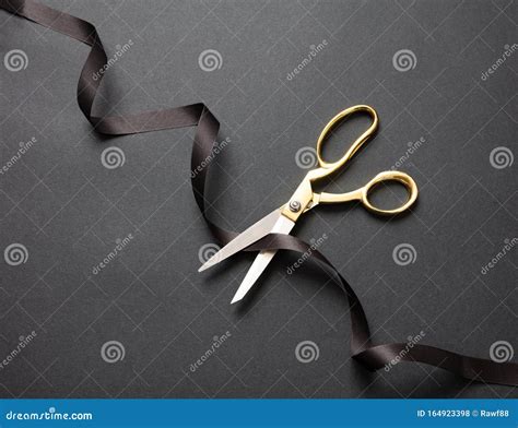 Grand Opening Gold Scissors Cutting Black Satin Ribbon Black