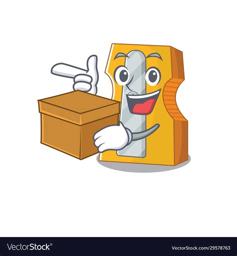 Cute Pencil Sharpener Cartoon Character Having Box