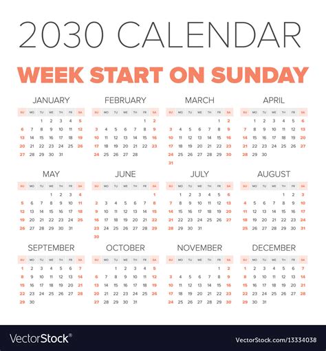 Simple 2030 Year Calendar Royalty Free Vector Image
