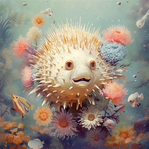 Pufferfish Type Creature In Beautiful Underwater Floral Scene Stock