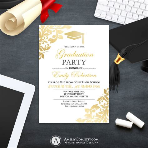Graduation Party Invitation Template Printable Gold Foul Girl